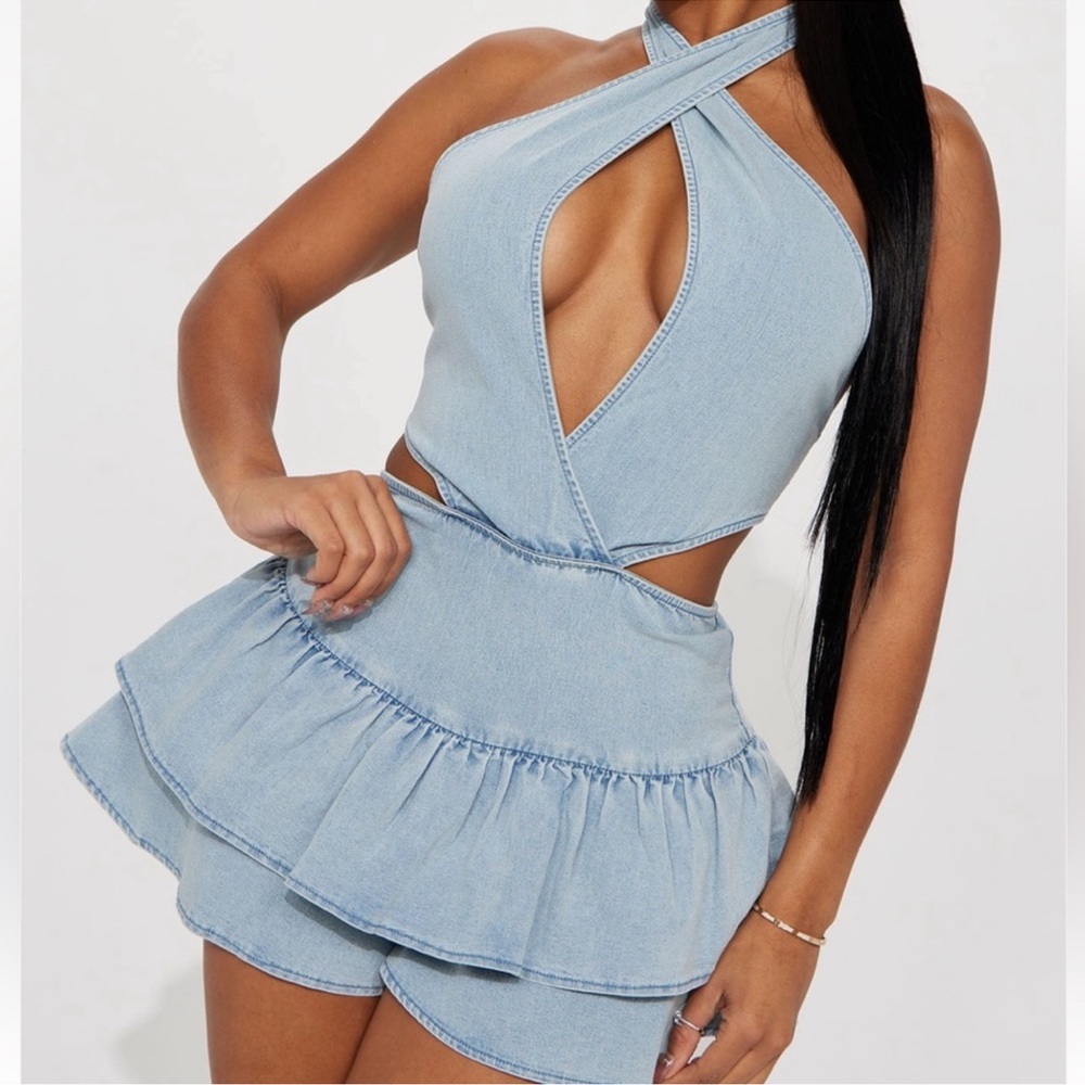 Fashion Nova Light Blue Denim Halter Jumpsuit
